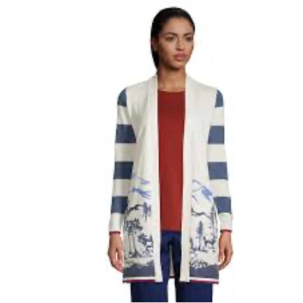 Lands' End Wildlife Cardigan Sweater‎ Open Front Striped Cotton Blend Size M
